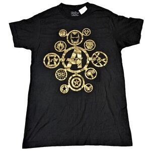 MARVEL‎ AVENGERS INFINITY WAR Men Small Black Cotton Gold Print T-Shirt NEW